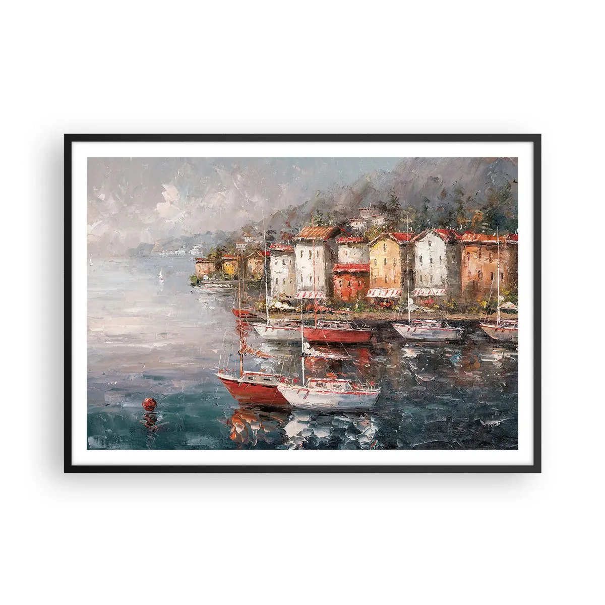 Affiche dans un cadre noir - Poster - Paysage de bord de mer avec des bateaux et des maisons colorées - 100x70cm - Havre romantique - Décoration murale moderne pour le salon et la chambre ARTTOR