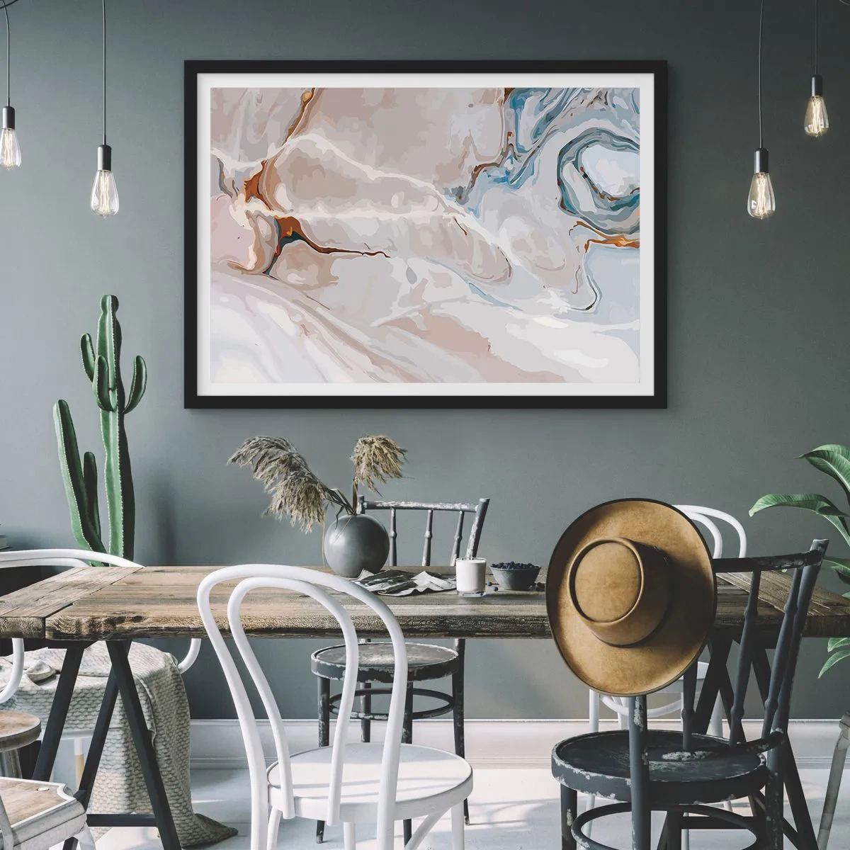 Affiche dans un cadre noir - Poster - Motif abstrait dans les tons de blanc et de bleu - 100x70cm - Le bleu serpente sous le blanc - Décoration murale moderne pour le salon et la chambre ARTTOR