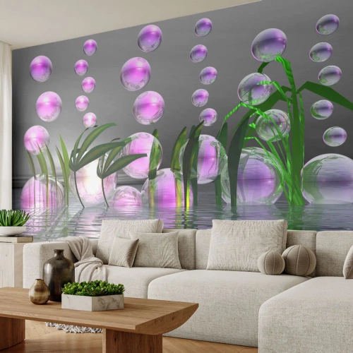 Papier Peint Photo Premium Canvas - Feuilles vertes et bulles roses au-dessus de l'eau sur fond gris - 100x70cm - Une composition réfléchissante de légèreté et de vie - Décoration murale moderne pour le salon et la chambre ARTTOR