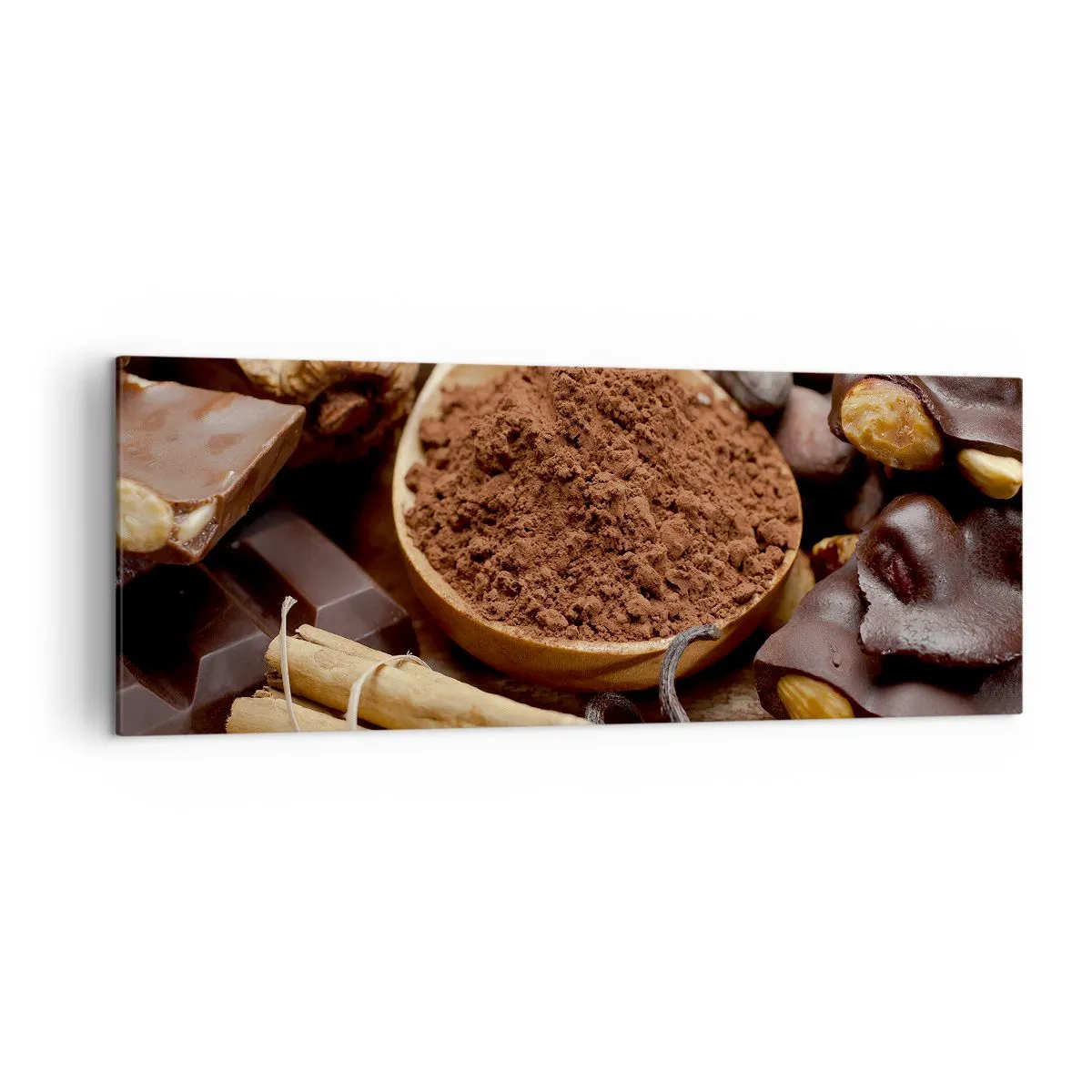 Impression sur toile - Image sur toile - Une cuillerée d'ingrédients à base de cacao et de chocolat dans un arrangement rustique - 140x50cm - La meilleure pour les chagrins - Décoration murale moderne pour le salon et la chambre ARTTOR