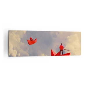 Impression sur toile - Image sur toile - Bateaux en papier rouges flottant dans les nuages - 160x50cm - Expédition des Rêveurs - Décoration murale moderne pour le salon et la chambre ARTTOR