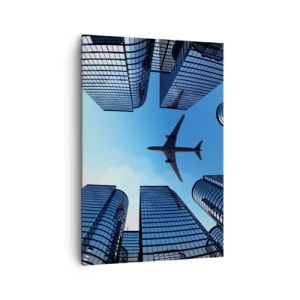Impression sur toile - Image sur toile - Un avion survolant des gratte-ciels modernes dans le centre-ville. - 70x100cm - La vue depuis le ravin de verre - Décoration murale moderne pour le salon et la chambre ARTTOR