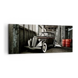 Impression sur toile - Image sur toile - Voiture rétro élégante dans un entrepôt brut - 120x50cm - L'élégance éternelle des années 30 - Décoration murale moderne pour le salon et la chambre ARTTOR