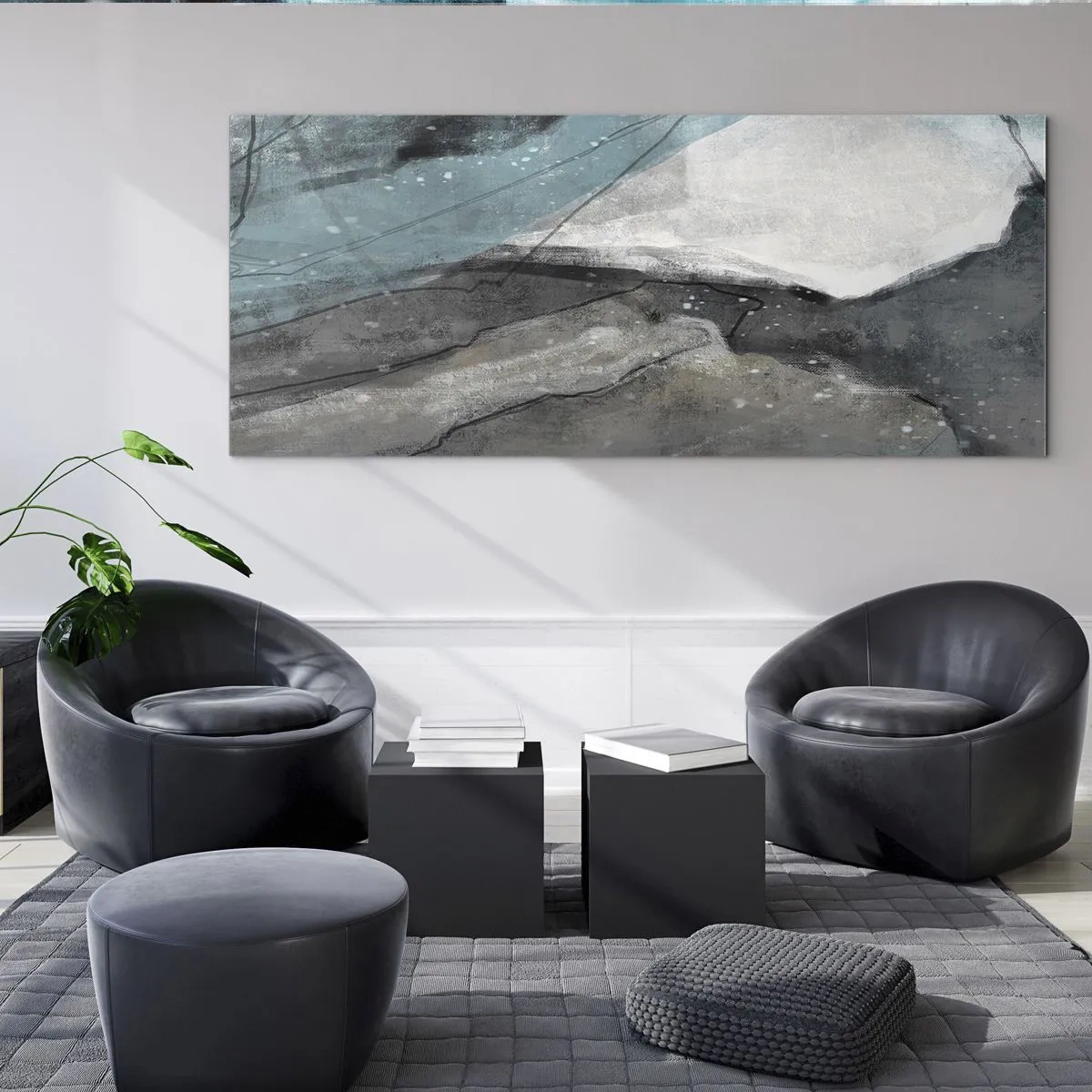 Impression sur verre - Image sur verre - Composition abstraite dans les tons de gris et de bleu - 140x50cm - Résumé : roches et glace - Décoration murale moderne pour le salon et la chambre ARTTOR