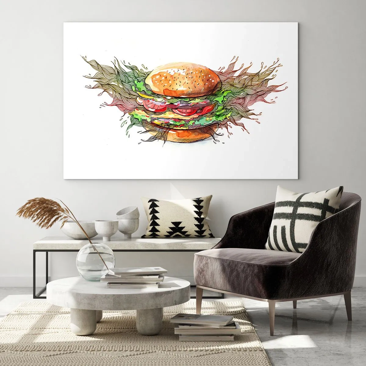 Impression sur verre - Image sur verre - Dessin artistique d'un hamburger avec des détails à l'aquarelle - 70x50cm - Tentation chaude - Décoration murale moderne pour le salon et la chambre ARTTOR