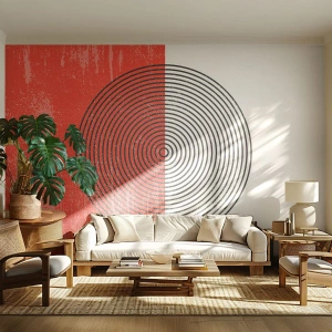 Papier Peint Photo Premium Canvas - Motif géométrique avec des cercles concentriques sur un fond rouge et blanc - 100x70cm - Dans le mille - Décoration murale moderne pour le salon et la chambre ARTTOR