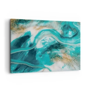 Impression sur toile - Image sur toile - Abstraction turquoise avec des accents blancs et dorés - 100x70cm - Rivière d'or - Décoration murale moderne pour le salon et la chambre ARTTOR