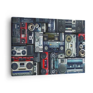 Impression sur toile - Image sur toile - Un collage de magnétophones rétro et d'enceintes vintage. - 70x50cm - Nostalgie des années 80 - Décoration murale moderne pour le salon et la chambre ARTTOR