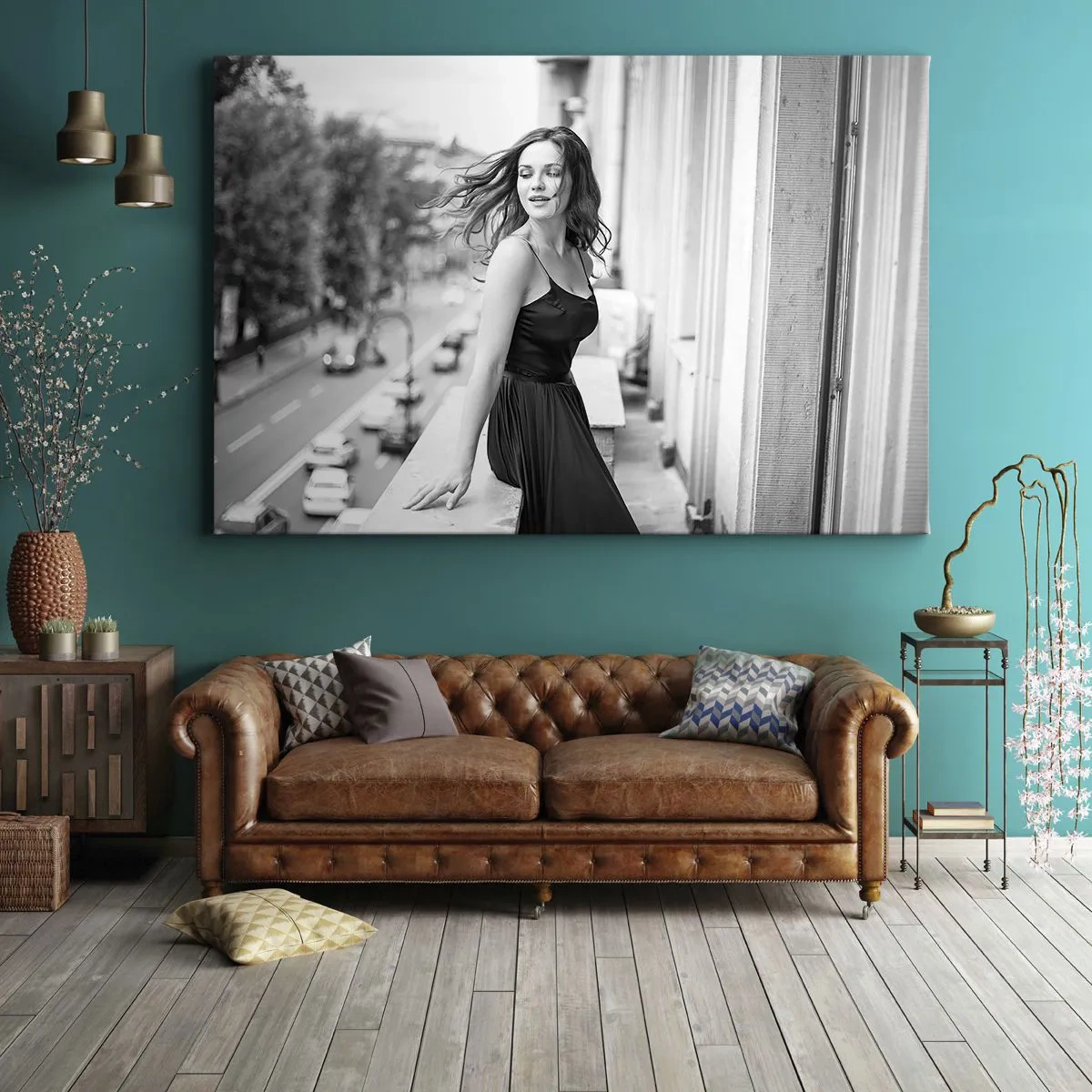 Impression sur toile - Image sur toile - Photo en noir et blanc d'une femme sur un balcon - 120x80cm - Certainement un Parisien - Décoration murale moderne pour le salon et la chambre ARTTOR