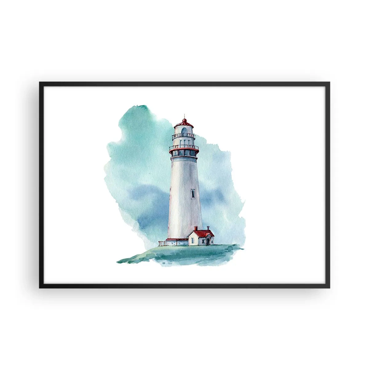 Affiche dans un cadre noir - Poster - Un phare sur un fond bleu aquarelle - 100x70cm - La douce sœur du bleu - Décoration murale moderne pour le salon et la chambre ARTTOR