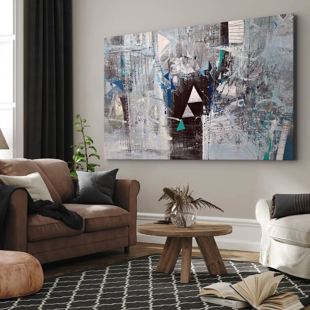 Impression sur toile - Image sur toile - Composition abstraite avec des triangles et des motifs géométriques - 70x50cm - Ordre prioritaire des triangles - Décoration murale moderne pour le salon et la chambre ARTTOR