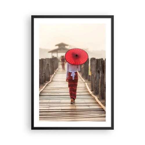 Affiche dans un cadre noir - Poster - Une femme avec un parapluie rouge sur un pont en bois - 50x70cm - Sur le vieux pont - Décoration murale moderne pour le salon et la chambre ARTTOR