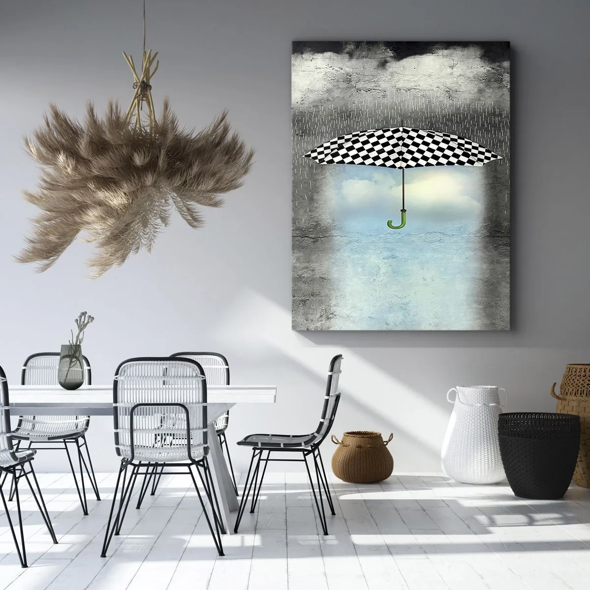 Impression sur toile - Image sur toile - Un parapluie à carreaux sur un paysage pluvieux - 80x120cm - Et pourtant c'est possible - Décoration murale moderne pour le salon et la chambre ARTTOR