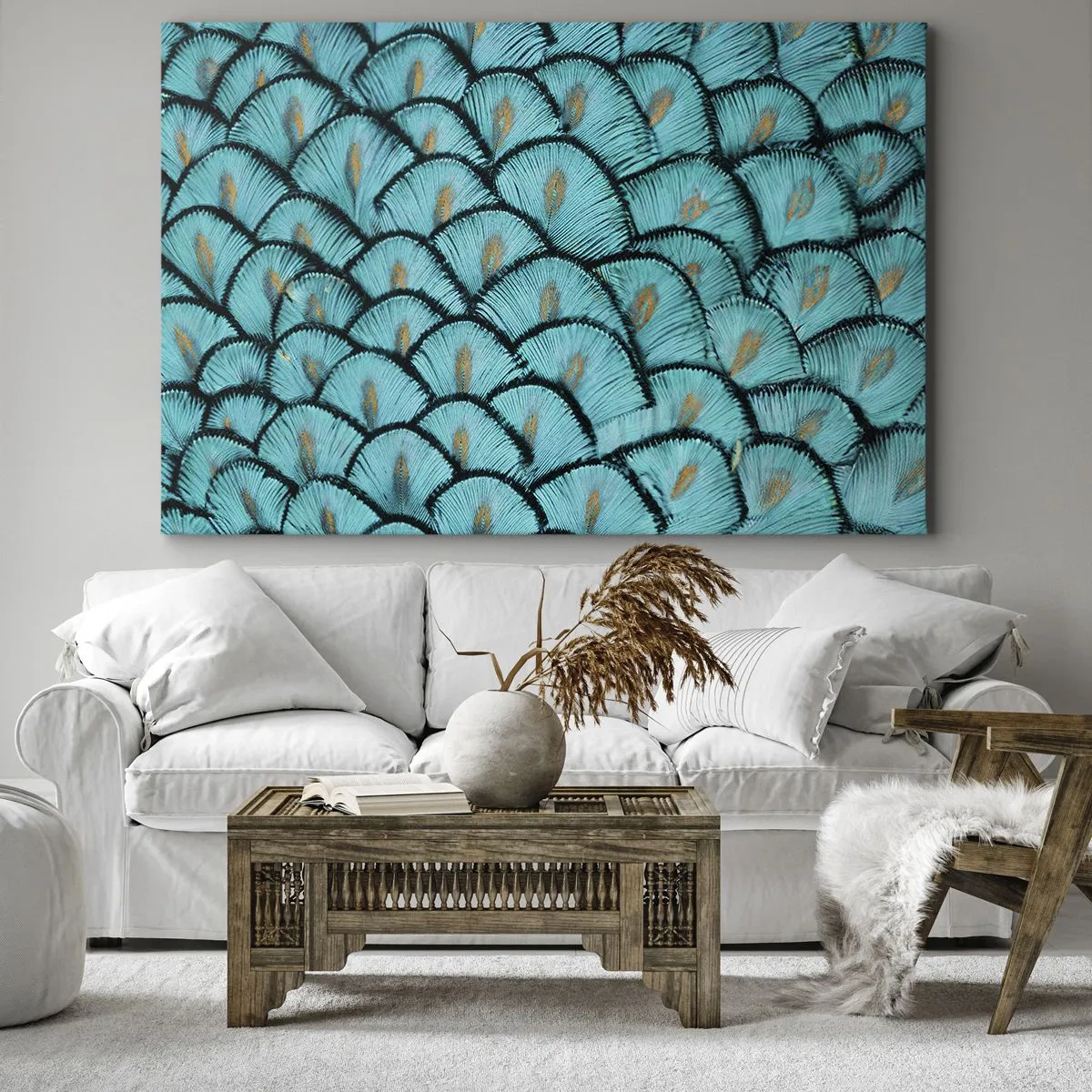 Impression sur toile - Image sur toile - Un motif ressemblant à des écailles turquoise avec des accents dorés - 100x70cm - Le grand gala des plumes - Décoration murale moderne pour le salon et la chambre ARTTOR