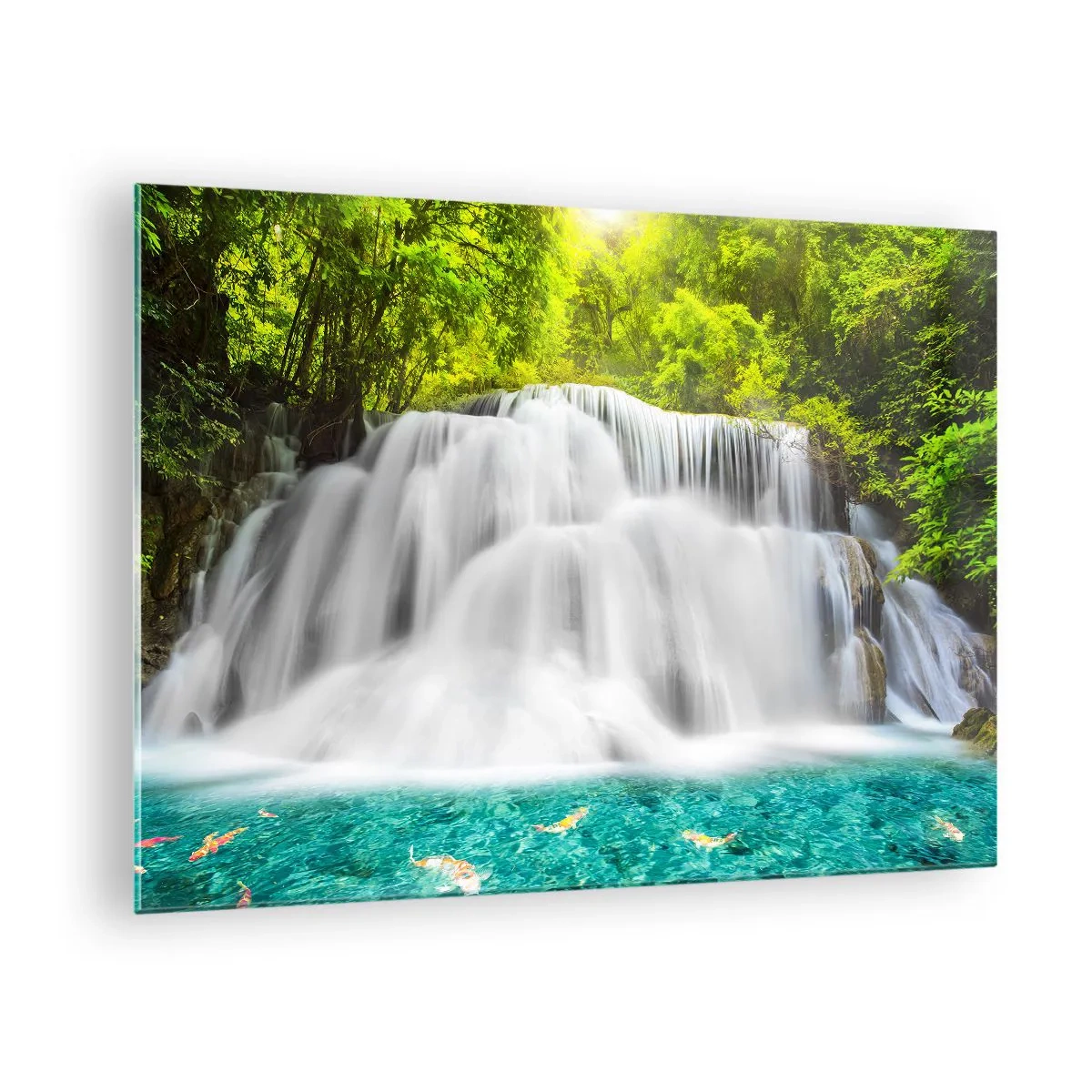 Impression sur verre - Image sur verre - Une cascade entourée de verdure avec une eau cristalline - 70x50cm - Une cascade mousseuse du vert à l'azur - Décoration murale moderne pour le salon et la chambre ARTTOR
