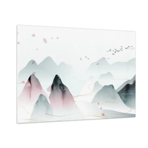 Impression sur verre - Image sur verre - Montagnes pastel avec une volée d'oiseaux volants et des lignes dorées - 100x70cm - Au-delà des sommets - Décoration murale moderne pour le salon et la chambre ARTTOR
