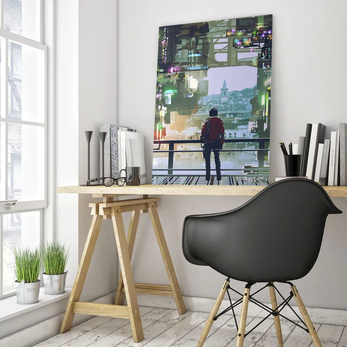 Impression sur verre - Image sur verre - Une silhouette dans une ville futuriste avec des néons - 80x120cm - Deux mondes - Décoration murale moderne pour le salon et la chambre ARTTOR