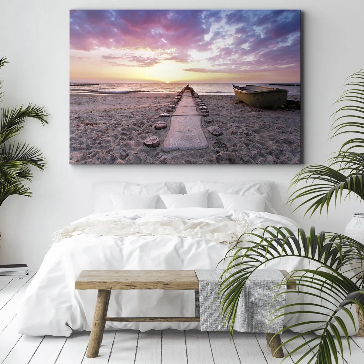 Impression sur toile - Image sur toile - Plage au lever du soleil avec bateau et jetée - 70x50cm - Moment d'expérience profonde - Décoration murale moderne pour le salon et la chambre ARTTOR