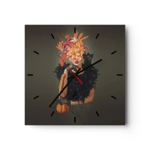 Horloge murale - Pendule murale - Portrait d'une femme aux motifs d'automne et un chat - 30x30cm - Sort de sorcière - Décoration murale moderne pour le salon et la chambre ARTTOR