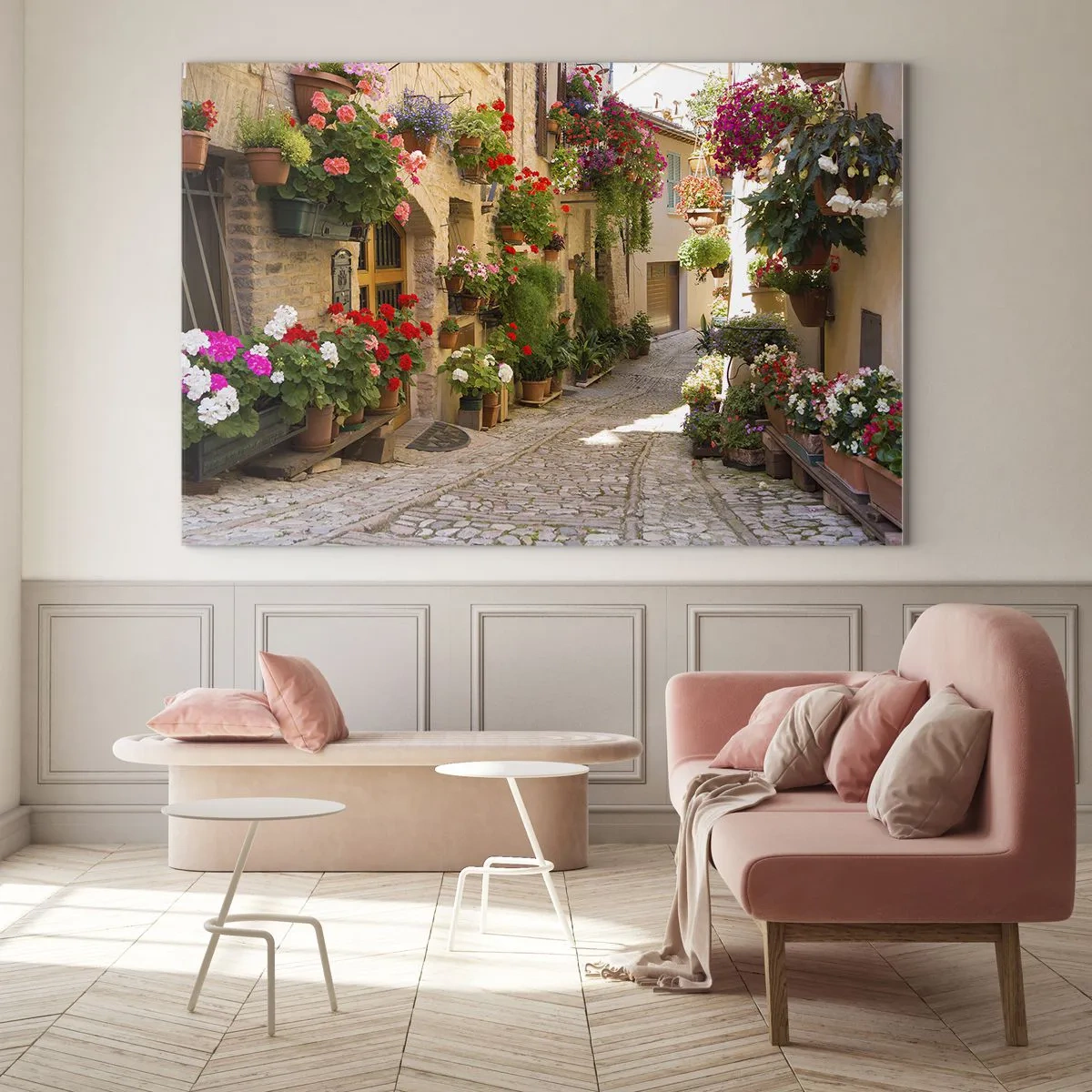 Impression sur verre - Image sur verre - Une rue pittoresque avec des fleurs en pot - 70x50cm - Une inondation de fleurs - Décoration murale moderne pour le salon et la chambre ARTTOR