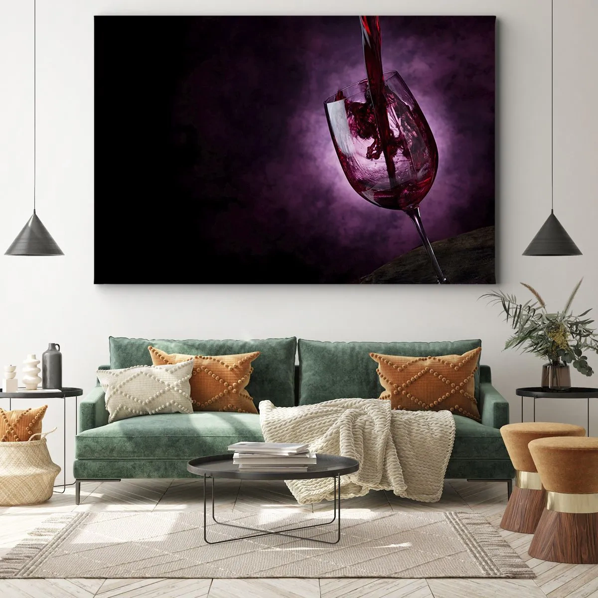 Impression sur toile - Image sur toile - Du vin rouge versé dans un verre sur fond de fumée violette - 100x70cm - Écarlate? Carmin? Non, rubis. - Décoration murale moderne pour le salon et la chambre ARTTOR