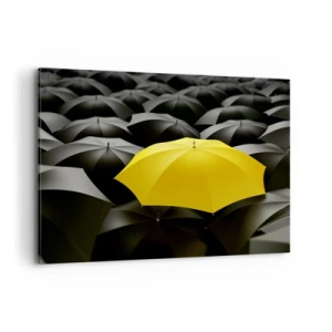 Impression sur toile - Image sur toile - Un parapluie jaune parmi des parapluies noirs - 120x80cm - Adieu chagrin - Décoration murale moderne pour le salon et la chambre ARTTOR