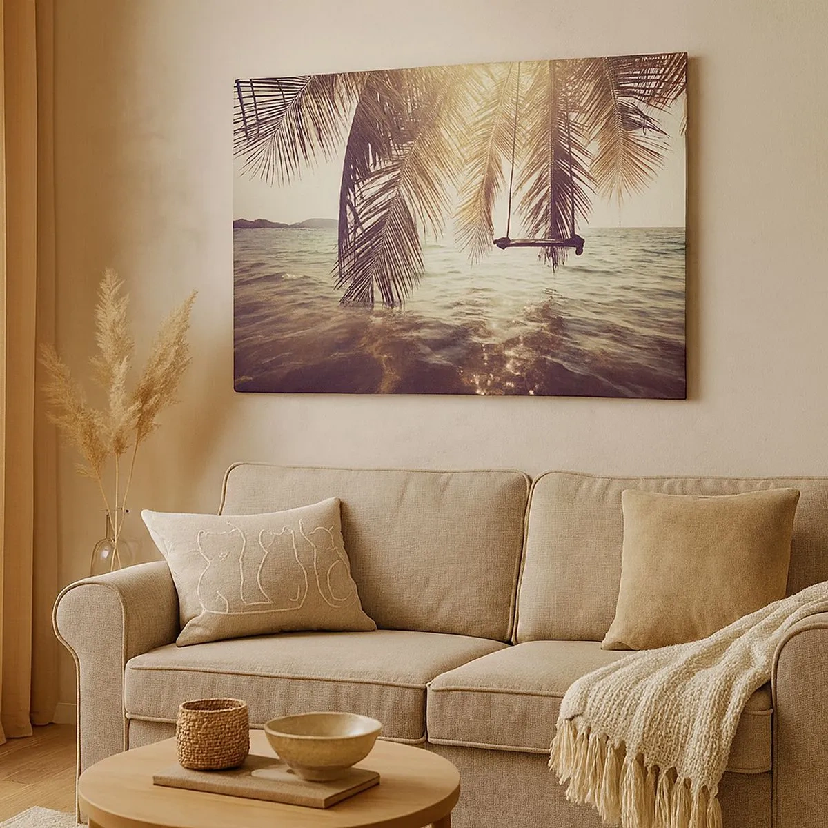 Impression sur toile - Image sur toile - Palmier avec une balançoire au-dessus de l'eau au soleil - 70x50cm - Vous pouvez vous balancer dans les nuages