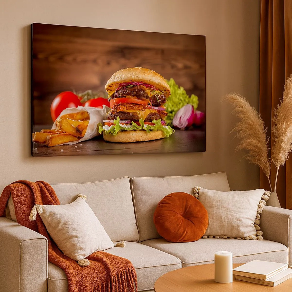 Impression sur toile - Image sur toile - Burger appétissant avec extras - 70x50cm - Le fruit défendu - Décoration murale moderne pour le salon et la chambre ARTTOR