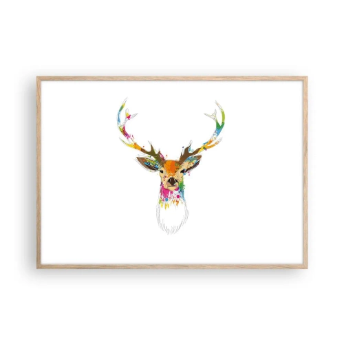 Affiche dans un chêne clair - Poster - Un cerf doux baigné de couleur - 100x70 cm