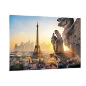 Impression sur verre - Image sur verre - La Tour Eiffel dans le brouillard matinal, avec vue sur Paris et sculptures gothiques - 120x80cm - Tellement de choses ont changés... - Décoration murale moderne pour le salon et la chambre ARTTOR