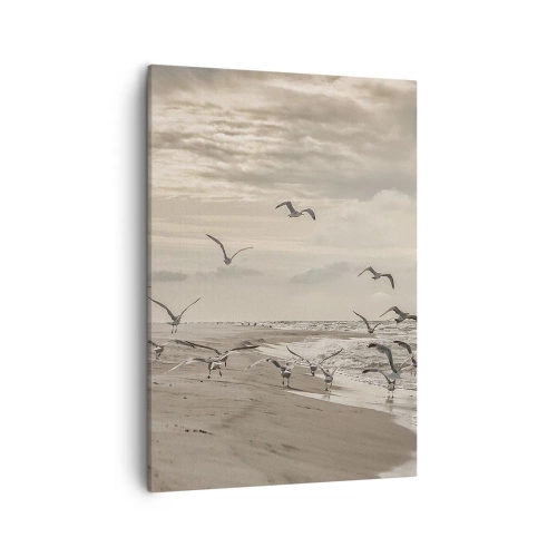 Impression sur toile - Image sur toile - Une mouette en vol au-dessus d'un paysage balnéaire - 50x70cm - Le bruit de la mer, le chant des oiseaux - Décoration murale moderne pour le salon et la chambre ARTTOR