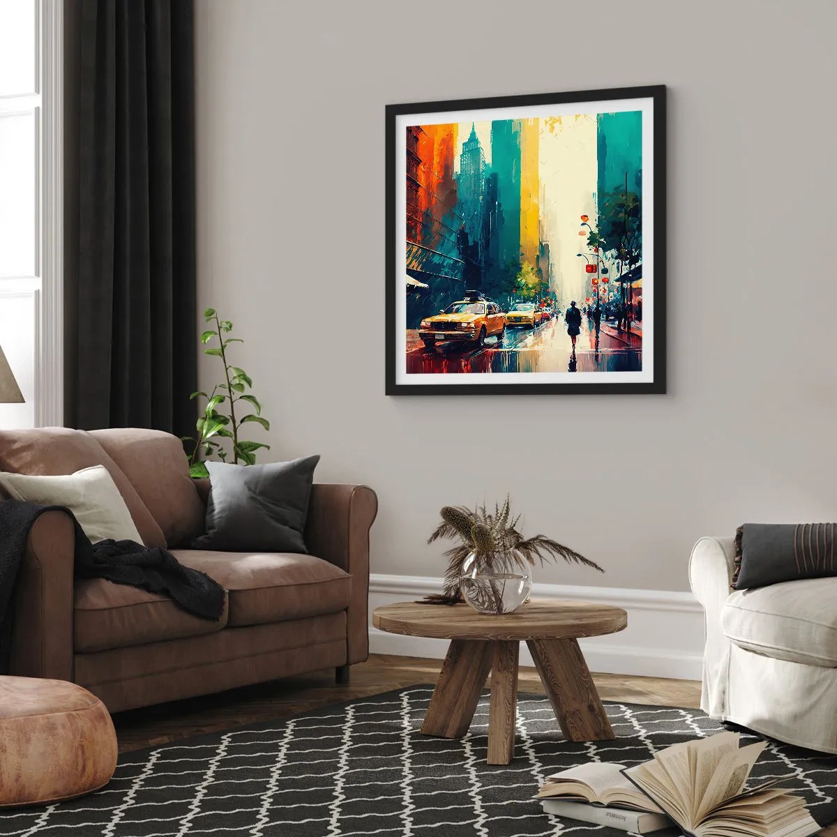 Affiche dans un cadre noir - Poster - New York – ici même la pluie est colorée - 60x60 cm