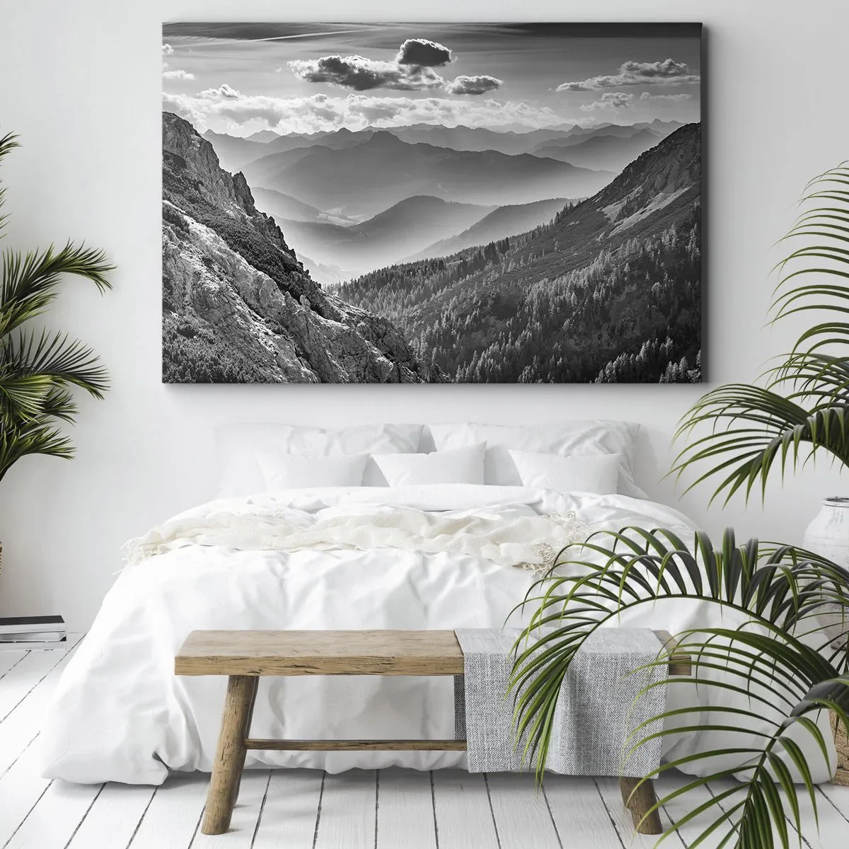 Impression sur toile - Image sur toile - Paysage de montagne en noir et blanc avec des nuages au-dessus des sommets - 100x70cm - Jusqu'à l'horizon - Décoration murale moderne pour le salon et la chambre ARTTOR