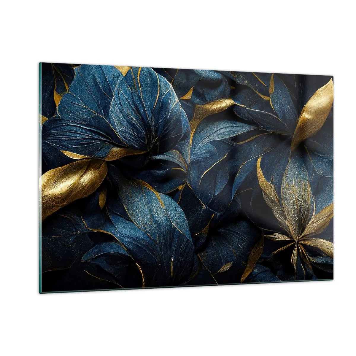 Impression sur verre - Image sur verre - Feuilles bleu foncé avec de subtils accents dorés - 120x80cm - Des dessous dorés - Décoration murale moderne pour le salon et la chambre ARTTOR