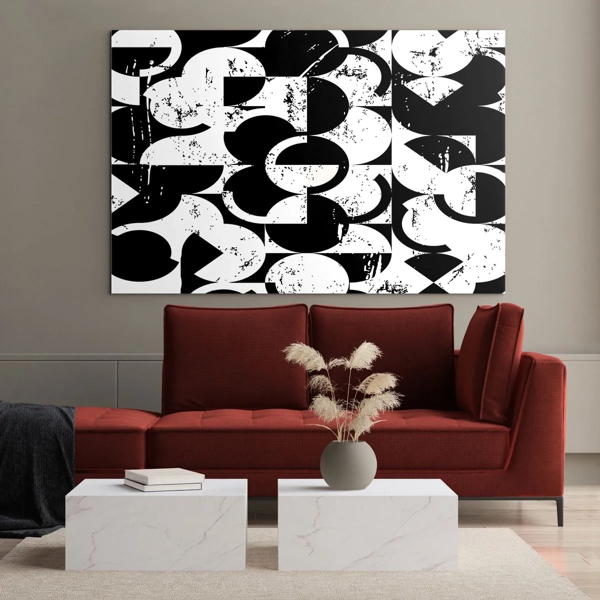 Impression sur verre - Image sur verre - Motif géométrique aux formes contrastées en noir et blanc - 70x50cm - Le blanc est blanc et le noir est noir - Décoration murale moderne pour le salon et la chambre ARTTOR