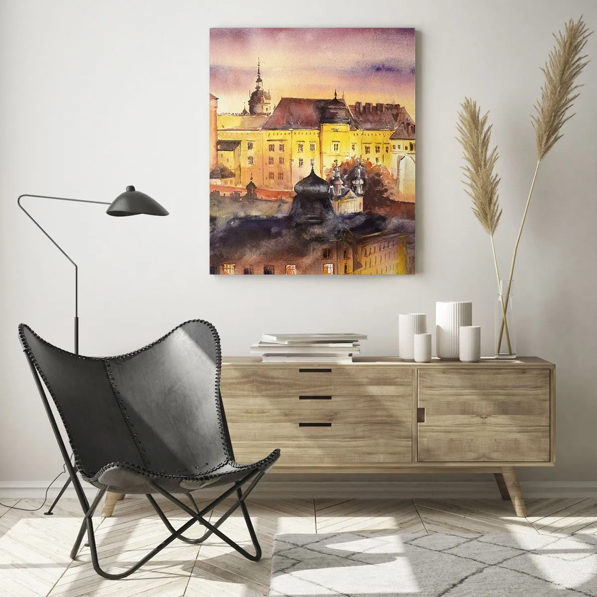Impression sur verre - Image sur verre - Une aquarelle pittoresque d'un château au coucher du soleil - 80x120cm - Histoire et conte de fées - Décoration murale moderne pour le salon et la chambre ARTTOR