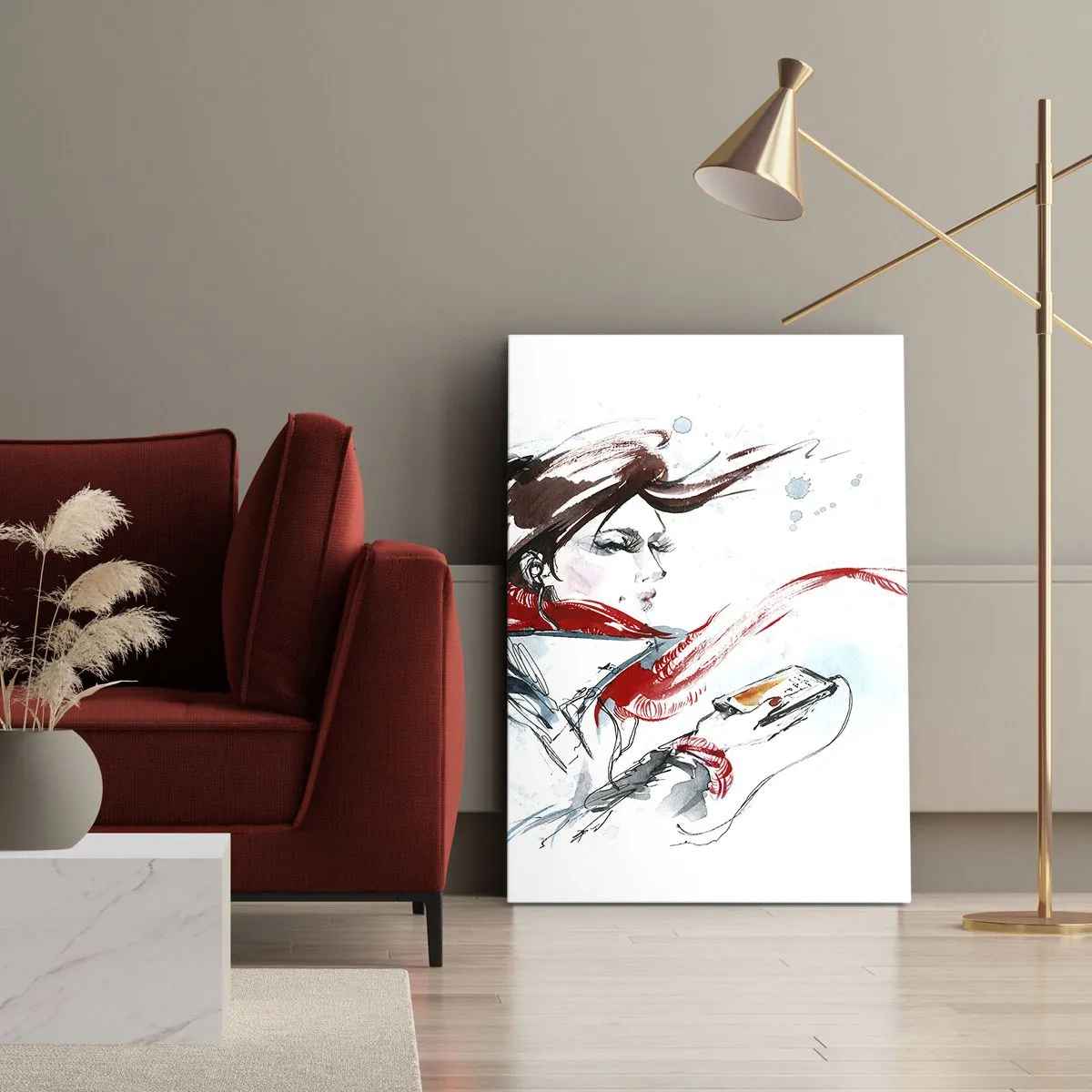 Impression sur toile - Image sur toile - Une femme portant un foulard rouge avec des traits d'aquarelle dynamiques - 50x70cm - Quelque chose se passe en moi - Décoration murale moderne pour le salon et la chambre ARTTOR