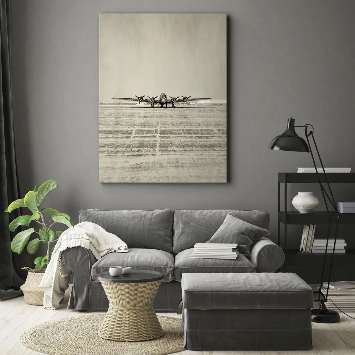 Impression sur toile - Image sur toile - Avion historique à l'aéroport en sépia - 50x70cm - Toujours prêt! - Décoration murale moderne pour le salon et la chambre ARTTOR