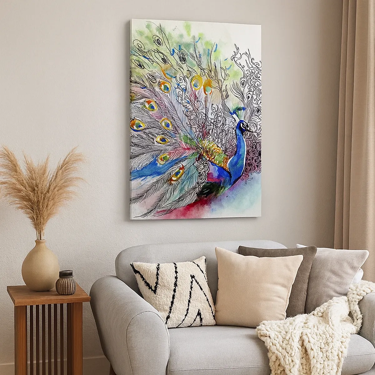 Impression sur toile - Image sur toile - Un paon dans un style aquarelle coloré avec des plumes abstraites - 50x70cm - Avec fierté contre la grisaille - Décoration murale moderne pour le salon et la chambre ARTTOR