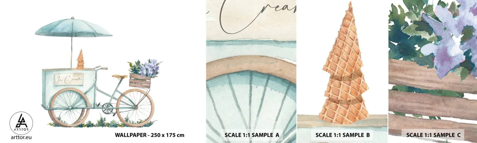 Échantillon de Papier Peint Autocollant Deluxe Sticker - Doux souvenir d'été - Pastel, Glace, Vélo - 100x30 cm