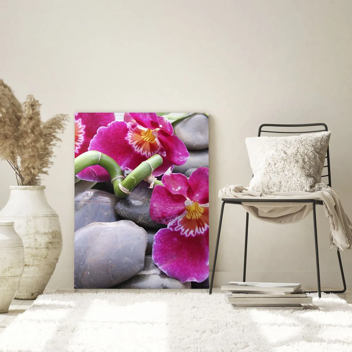 Impression sur verre - Image sur verre - Orchidées roses avec bambou sur pierres - 50x70cm - Refroidir et chauffer - Décoration murale moderne pour le salon et la chambre ARTTOR