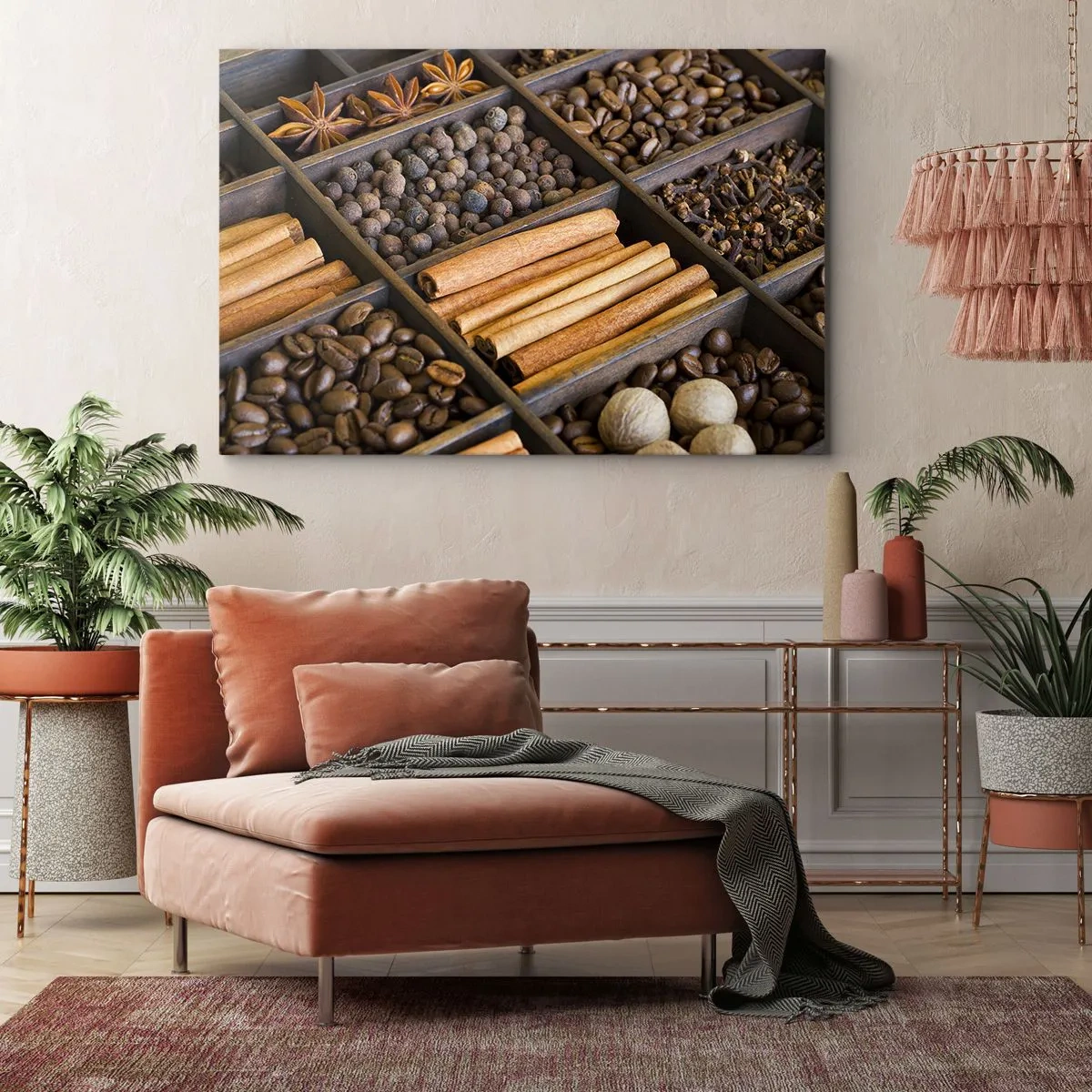 Impression sur toile - Image sur toile - Épices et café dans des compartiments en bois - 120x80cm - Trésor d'arômes - Décoration murale moderne pour le salon et la chambre ARTTOR