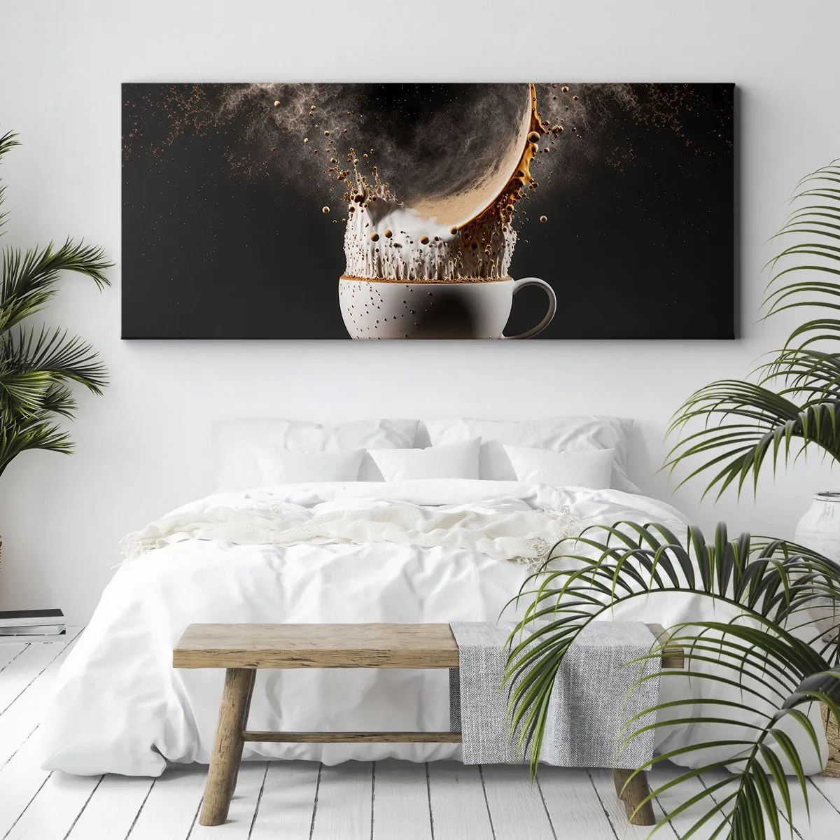 Impression sur toile - Image sur toile - Une tasse de café avec une explosion dynamique de liquide sur fond noir. - 140x50cm - Une explosion de saveur - Décoration murale moderne pour le salon et la chambre ARTTOR