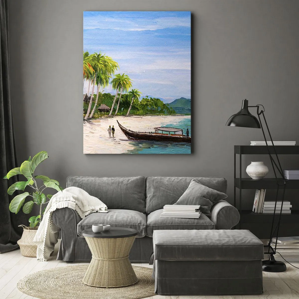 Impression sur toile - Image sur toile - Une plage exotique avec des palmiers et un bateau sur le rivage - 50x70cm - Rêve exotique - Décoration murale moderne pour le salon et la chambre ARTTOR