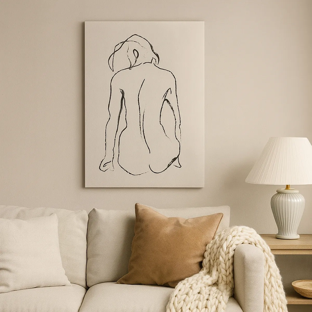 Impression sur toile - Image sur toile - Un croquis subtil de la silhouette d'une fille de dos - 50x70cm - Femme nue - Décoration murale moderne pour le salon et la chambre ARTTOR