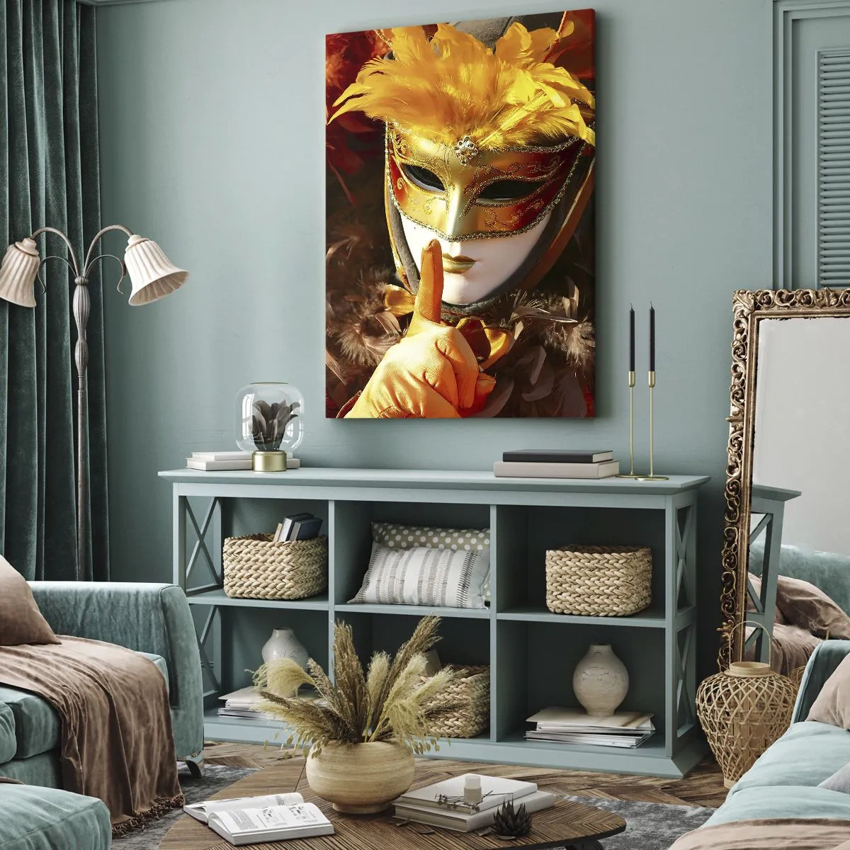 Impression sur toile - Image sur toile - Masque de carnaval aux tons or et orange - 80x120cm - Le secret est une partie du jeu - Décoration murale moderne pour le salon et la chambre ARTTOR