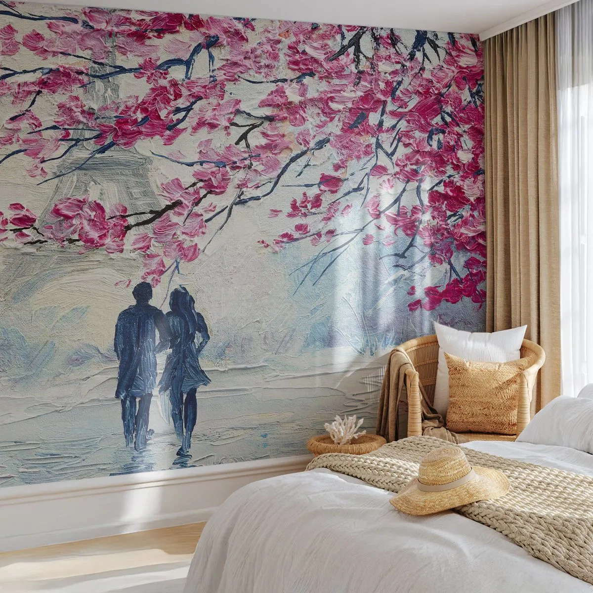 Papier Peint Photo Standard Eco - Couple romantique sous les cerisiers en fleurs - 100x70cm - Ballade romantique - Décoration murale moderne pour le salon et la chambre ARTTOR