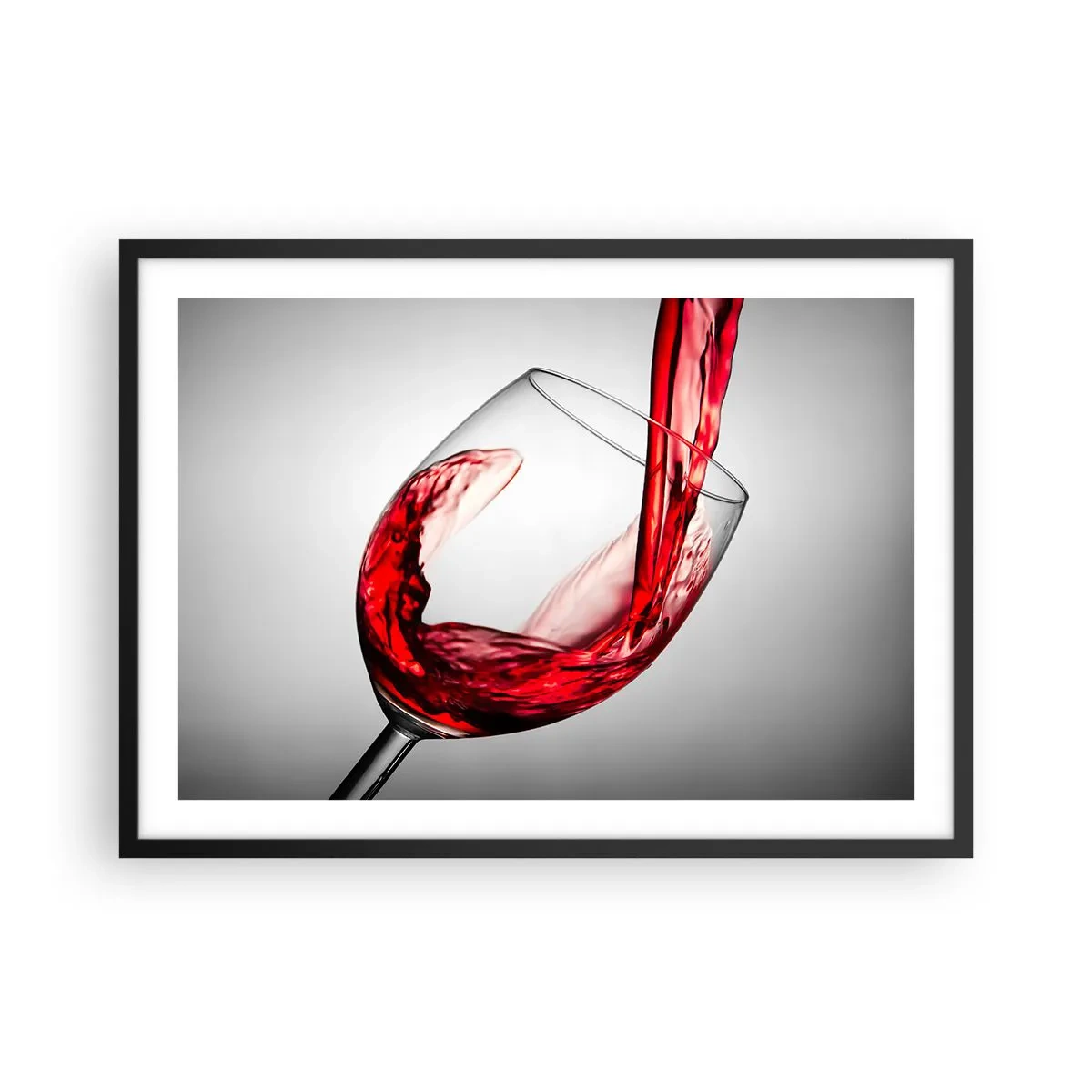 Affiche dans un cadre noir - Poster - Un verre de vin rouge versé sur un fond clair - 70x50cm - Nuance - mouvement - son - Décoration murale moderne pour le salon et la chambre ARTTOR