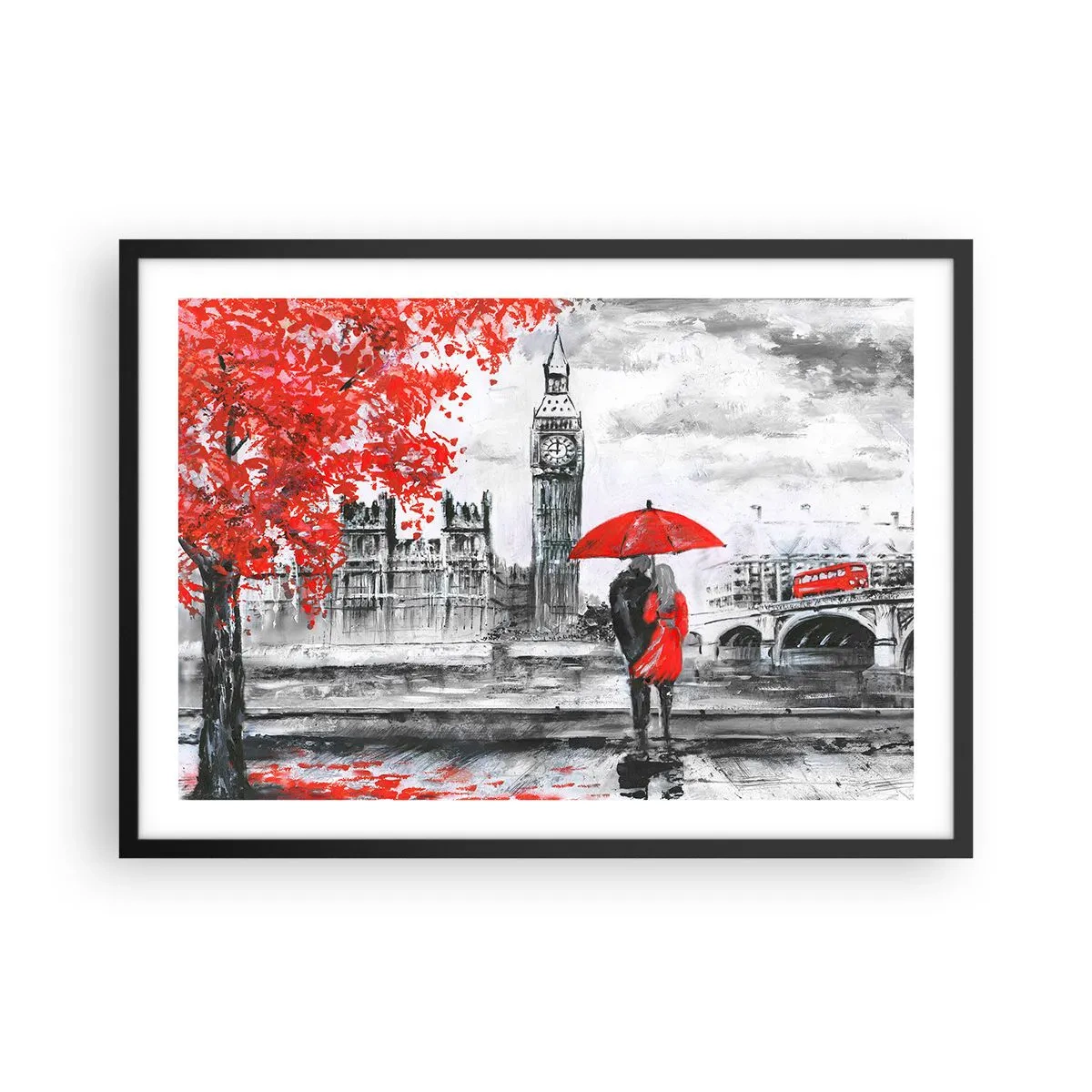 Affiche dans un cadre noir - Poster - Scène romantique avec Big Ben et un parapluie rouge - 70x50cm - Amoureux de Londres - Décoration murale moderne pour le salon et la chambre ARTTOR
