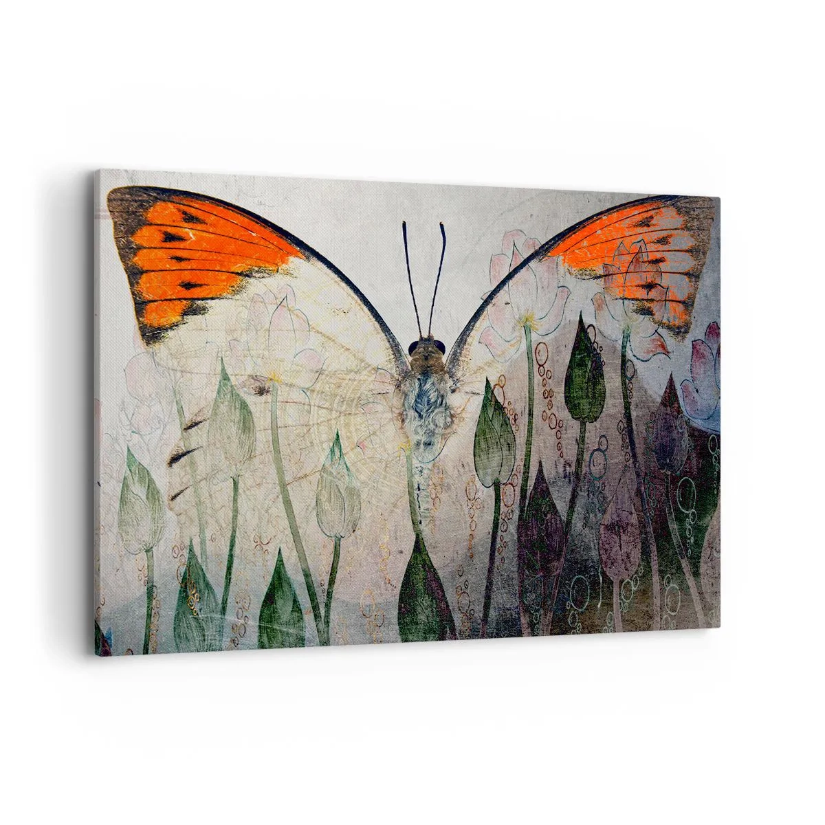 Impression sur toile - Image sur toile - Un papillon aux ailes orange sur un fond de fleurs stylisées. - 120x80cm - "Où est le papillon qui se balance sur l'herbe" - Décoration murale moderne pour le salon et la chambre ARTTOR